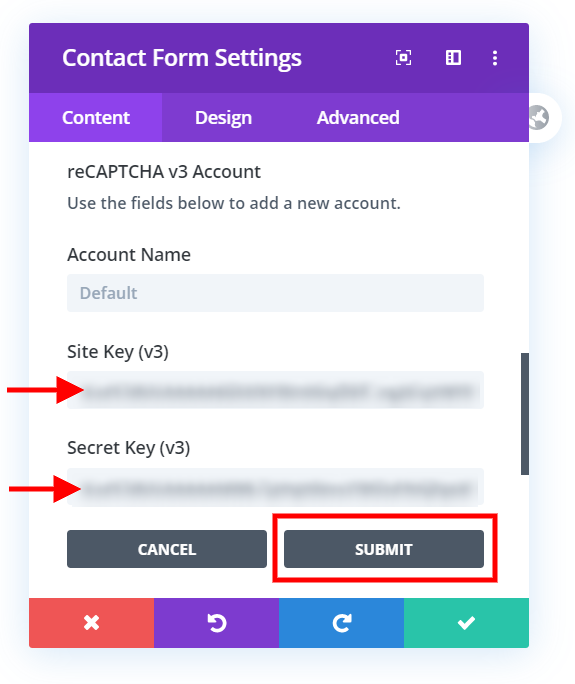 add Google reCAPTCHA site key and secret key to your Divi contact form or email optin