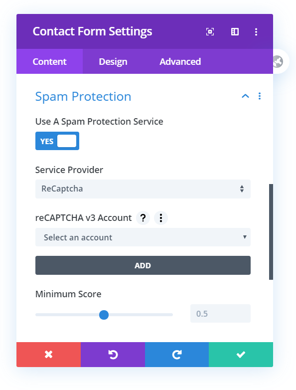 setting up the spam protection service in Divi contact form