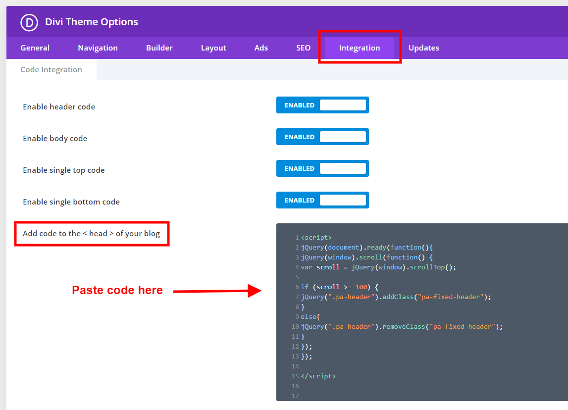 add code to Divi to make the header menu fixed on scroll