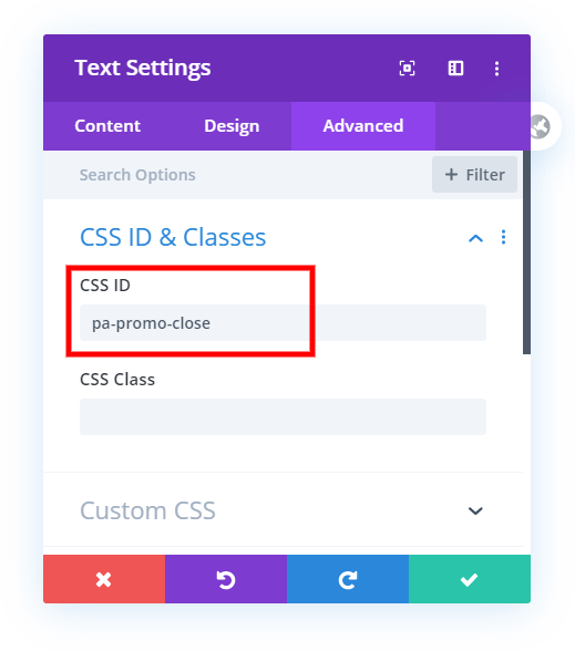 add css ID to close the Divi promo bar