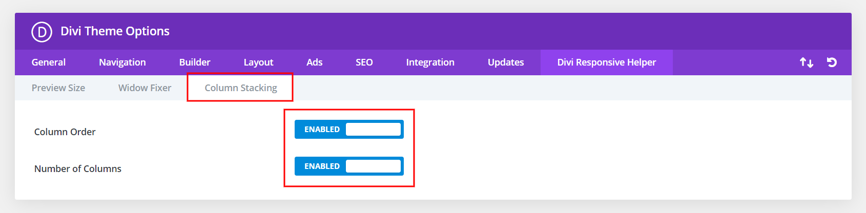 Enable the Divi Responsive Helper Column Stacking Settings In Theme Options
