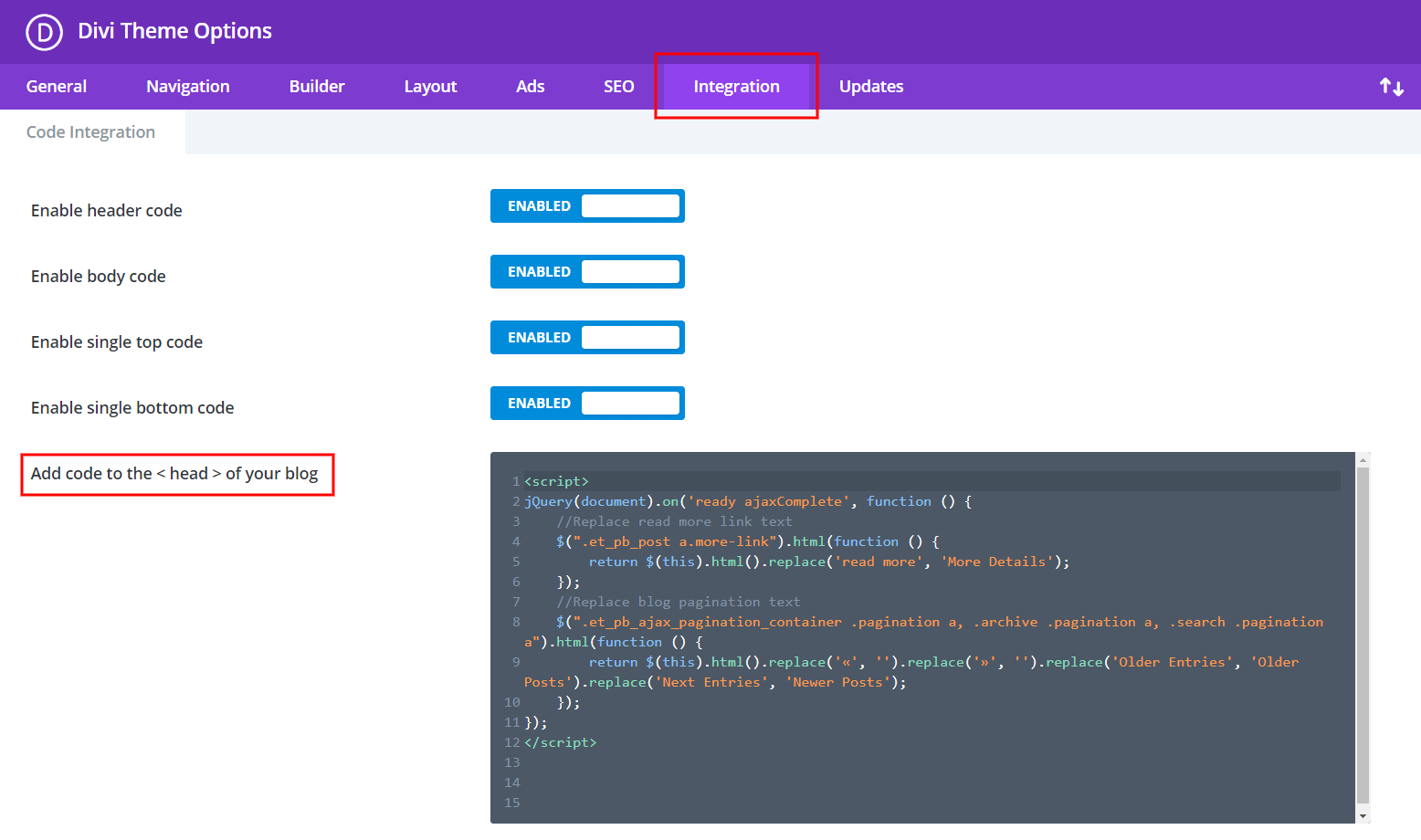 add code to the Divi Theme Options Integrations tab