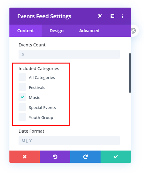 Choose Categories with Checkboxes selection in the Divi Events Calendar
