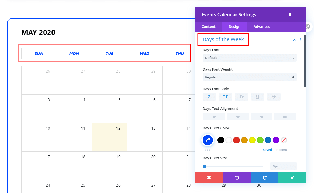 Days of the Week Text Styling in the Calendar View of the Divi Events Calendar