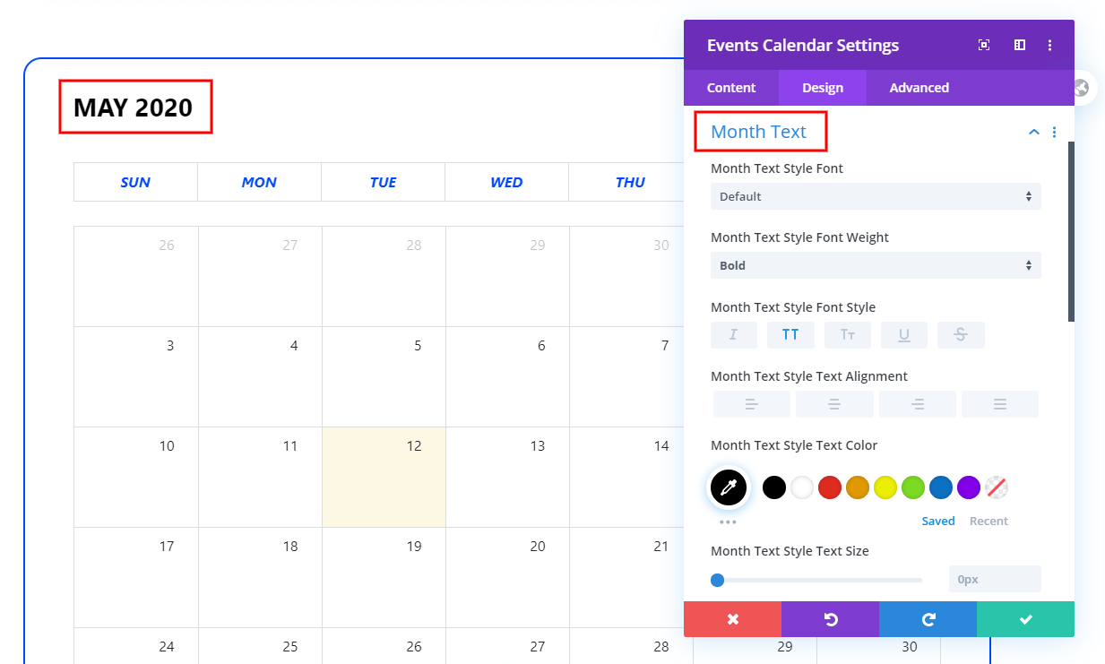 Month Text Styling in the Calendar View of the Divi Events Calendar
