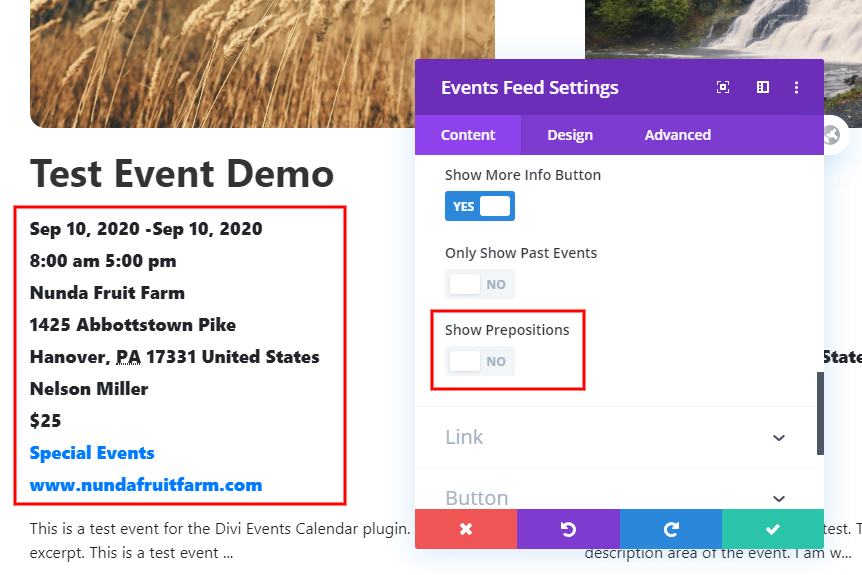 Show or hide prepositions and dividers in the Divi Event Calendar event details