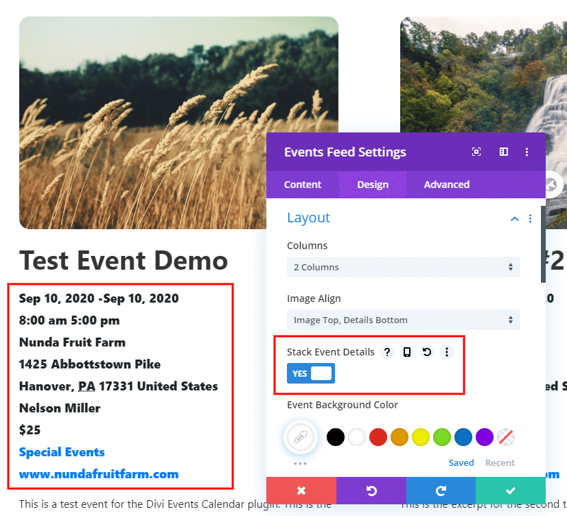 Stack Event Details On Their Own Line feature in the Divi Event Calendar