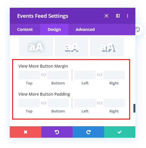 margin and padding spacing settings for the View More button in the Divi Events Calendar