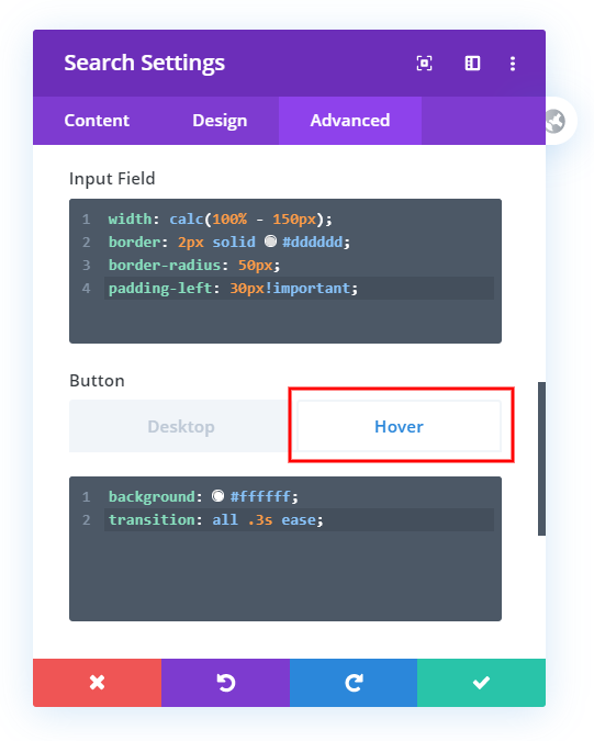 customize and style the Divi search module button on hover with custom css