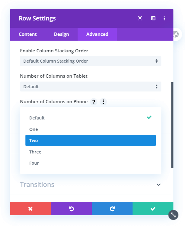 new feature in the Divi Responsive Helper to set the number of columns on mobile
