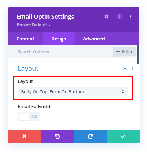 Divi email optin module layout for making horizontal single field
