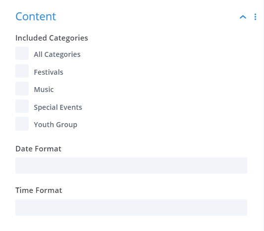 Divi Events Calendar Events Calendar Module Content Settings