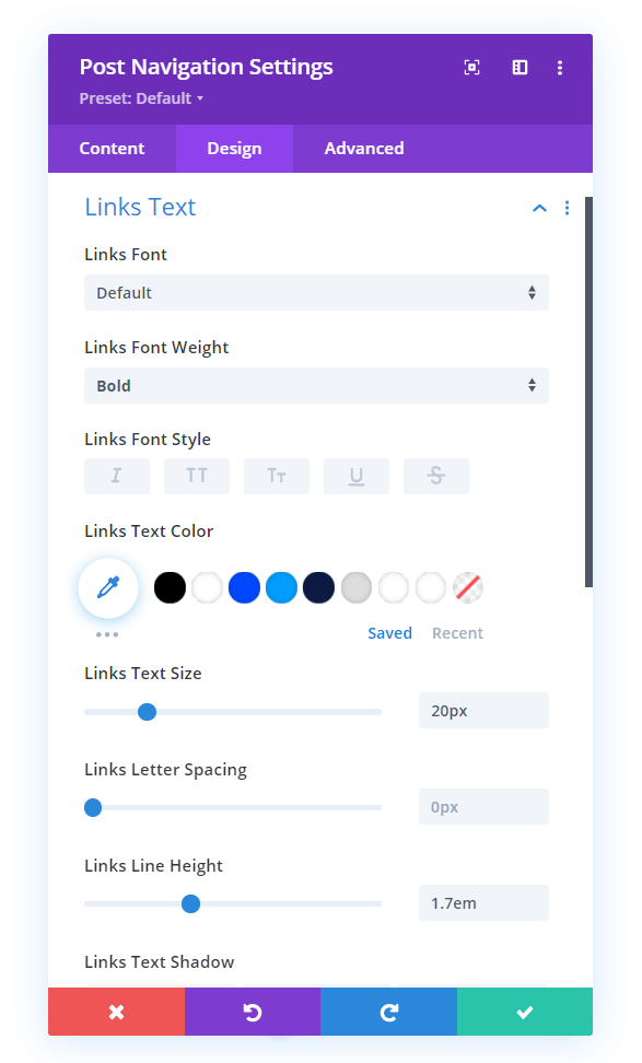 Divi Post Navigation module link text design settings