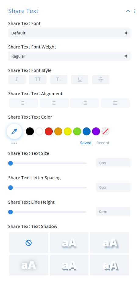 Divi Social Sharing Buttons module Share Text Design Settings
