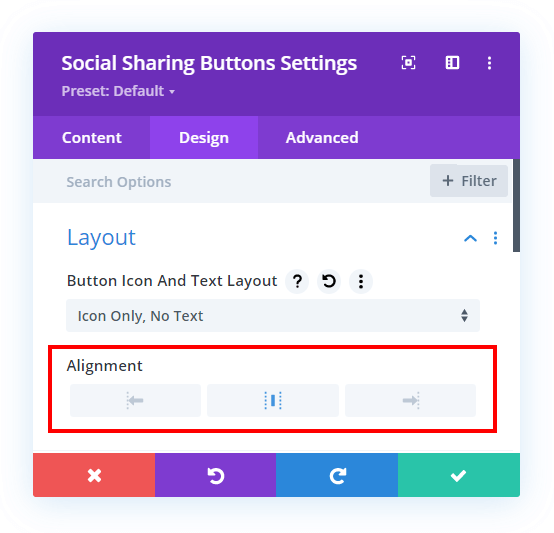 set the alignment of the icons in the Divi Social Sharing Buttons module