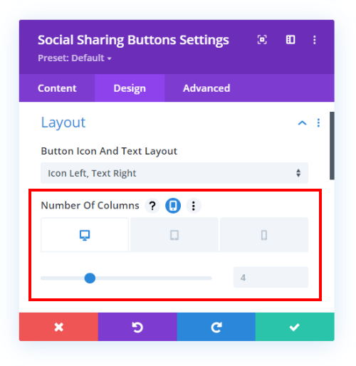 set the number of colunms on each device in the Divi Social Sharing Buttons module