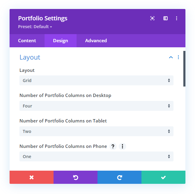 set the number of Divi portfolio module columns on any device