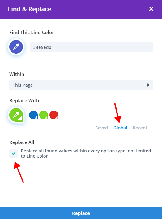 using Find and replace in Divi to change saved colors into global colors