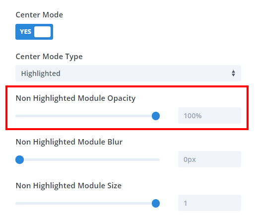Divi Carousel Maker Center Mode Non Highlighted Module Opacity setting