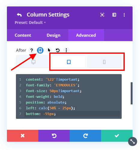add an icon to the bottom of the Divi columns on Tablet and Phone