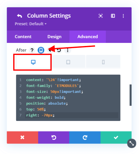 add an icon to the right of the Divi columns on Desktop