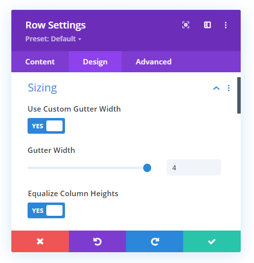 set the Divi row gutter width to 4 and equalize column heights