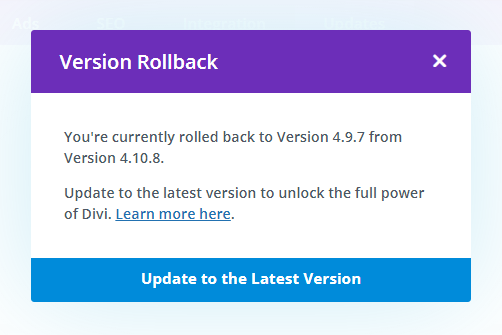 Divi Theme Version Rollback update to the latest