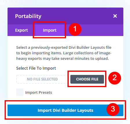 instructions for how to import the Divi Library layout