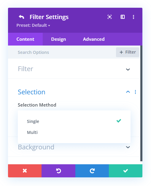 child filter content settings in the Events Filter module in the Divi Events Calendar plugin