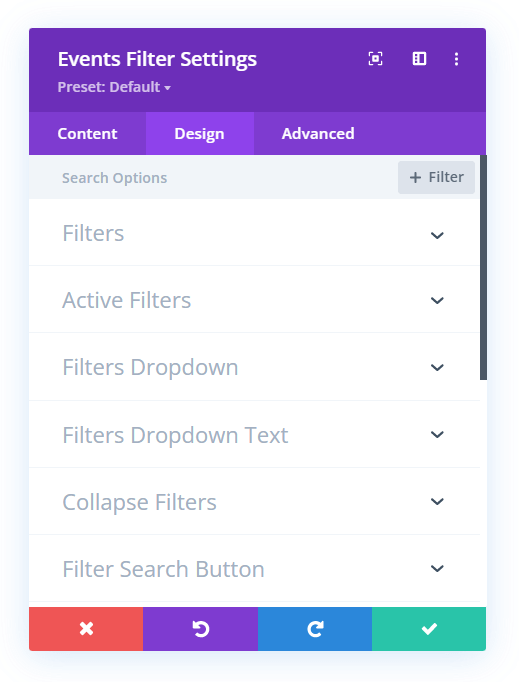design settings in the Events Filter module in the Divi Events Calendar plugin