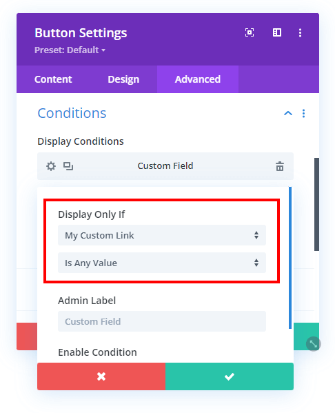 Divi Display Conditions custom field option has any value