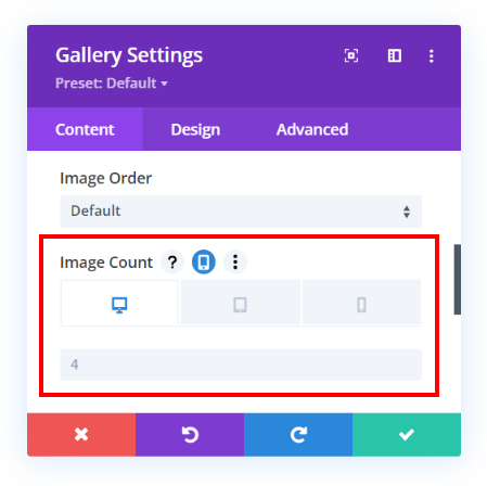 Set the Gallery module image count for Desktop Tablet and Phone with the Divi Responsive Helper