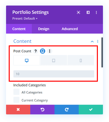 Set the Portfolio modules project count for Desktop Tablet and Phone with the Divi Responsive Helper