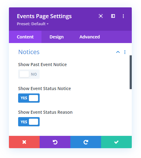 Event Status Notice In The Events Page Module in the Divi Events Calendar Plugin by Pee Aye Creative