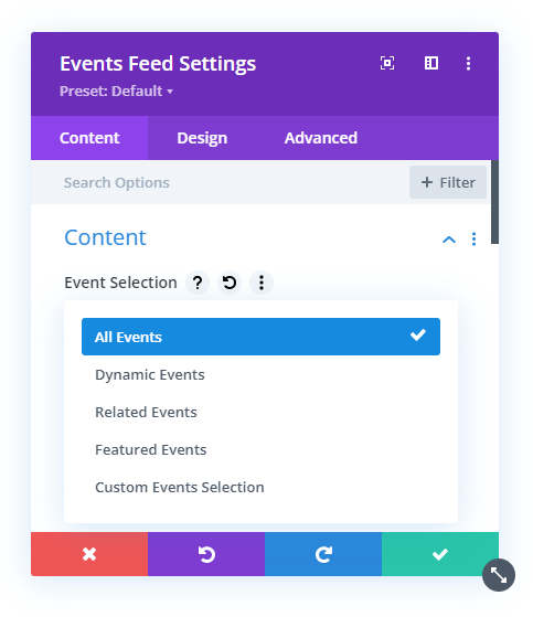 Events Selection Setting In the Divi Events Calendar Plugin by Pee Aye Creative