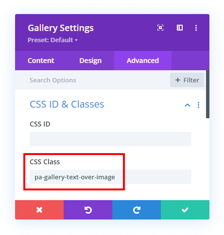 add CSS class to move Divi Gallery module title and caption text over the image