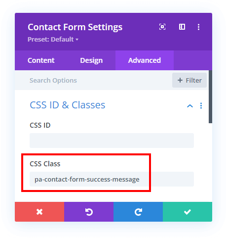 add custom CSS class to style success message in the Divi Contact Form module