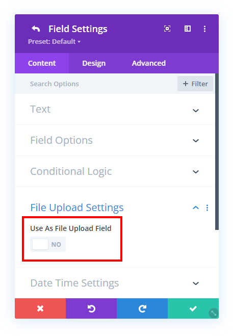 enable file upload settings in the Divi Contact Form Helper plugin