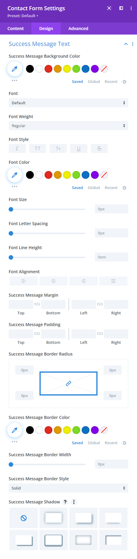 success message design settings in the Divi Contact Form Helper plugin