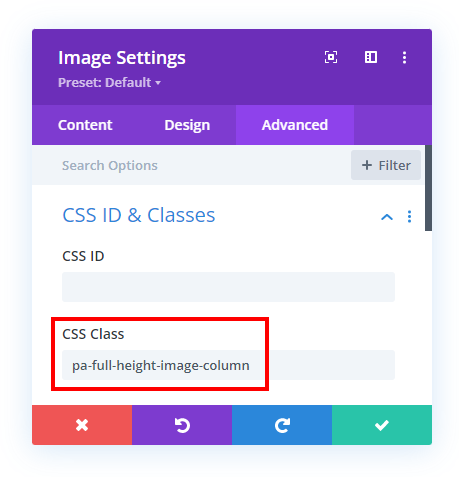 add a custom css class to the Divi image to make it full height in column
