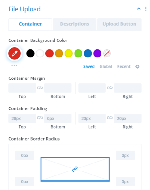 design settings for file upload container settings in the Divi Contact Form Helper plugin