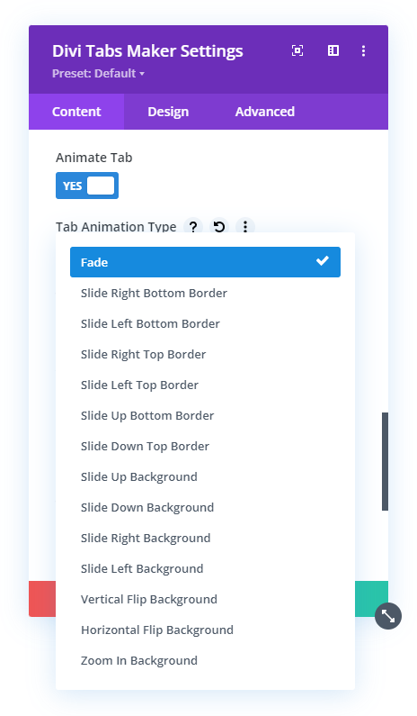 tab animation effects in the Divi Tabs Maker module plugin