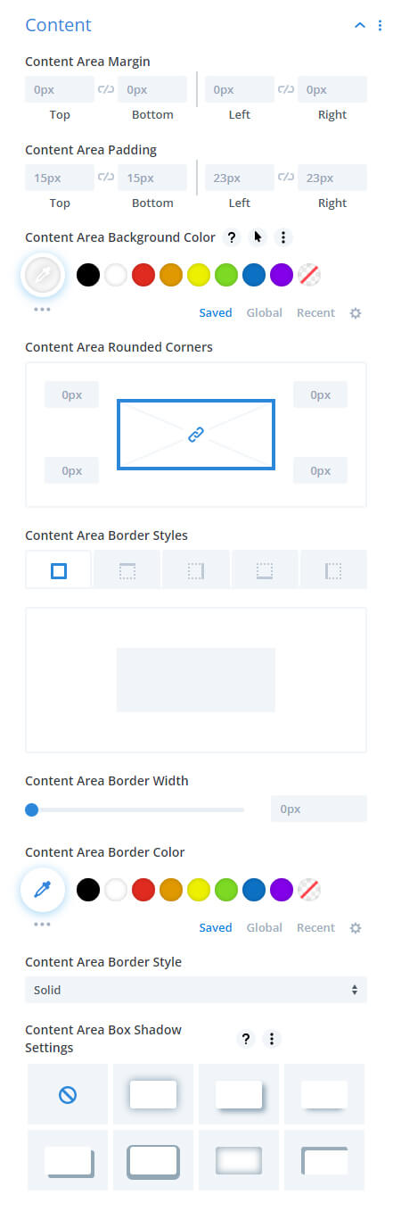 content area settings in the Divi Table of Contents Maker module plugin by Pee Aye Creative