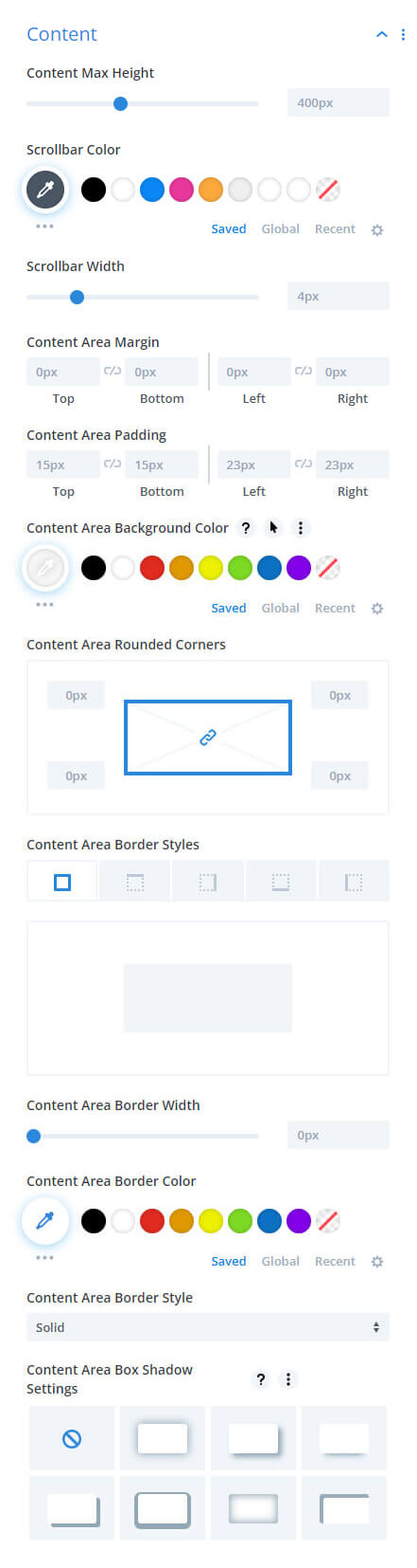 content area settings in the Divi Table of Contents Maker module plugin by Pee Aye Creative 1.0.2
