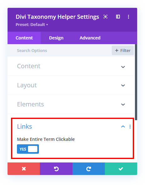 new option to make entire term link clicakble in the Divi Taxonomy Helper plugin