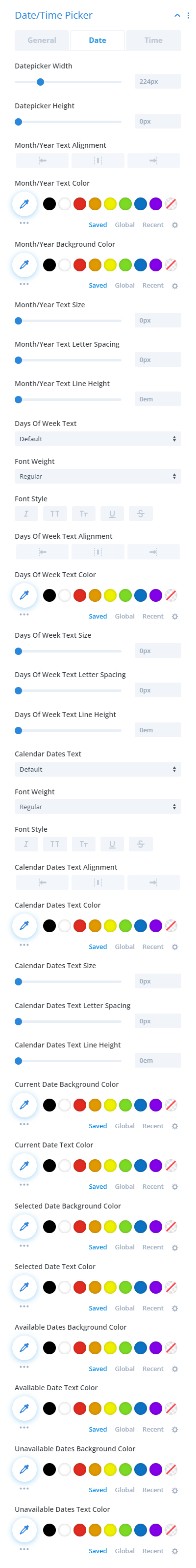 date design settings for the date and time picker in the Divi Contact Form Helper plugin