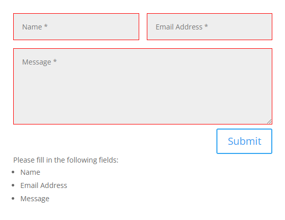 example of the error message at the bottom in the Divi Contact Form Helper plugin