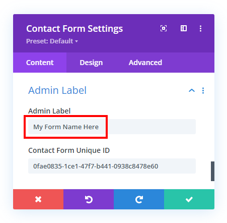 admin label as form name setting in Divi Contact Form Helper