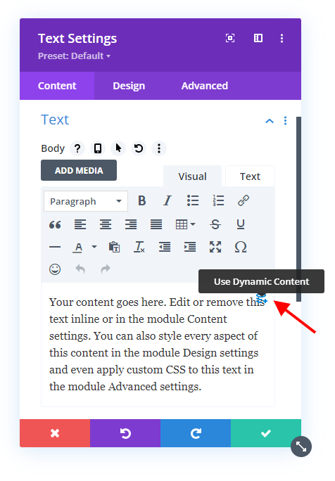 click the dynamic content icon in the Divi text module to add blog post category links