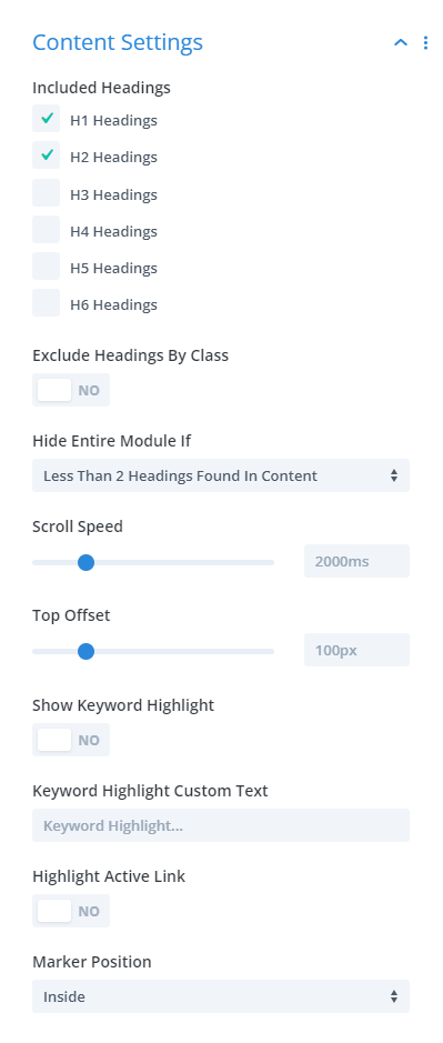 content settings in the Divi Table of Contents Maker module plugin 1.2 by Pee Aye Creative